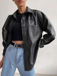 Women's Blouses 2024 Fashion Faux Leather Women Jackets Turn Down Collar Oversize PU Coat Long Sleeve Simple Black Shirt Tops