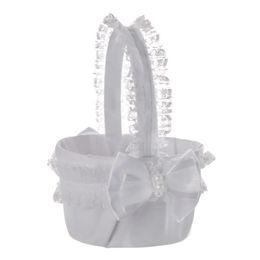 Baskets White Lace Flower Girl Basket Elegant Satin With Bow knot Round Lace Basket Wedding Favours Wedding Decoration L8316