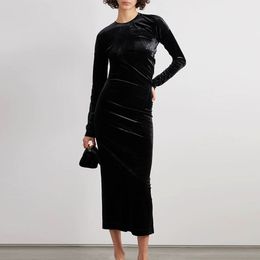 Black velvet robe, designer retro dress, asymmetrical upright cut, pleated slim fit, round neck, mid length dress