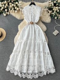 Casual Dresses Summer Black/White Hollow Out Embroidery Lace Party Long Dress Elegant Round Neck Sleeveless Single Breasted Maxi Vestidos