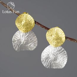 Lotus Fun Minimalism Round Vintage Double Lotus Leaves Dangle Earrings for Women Real 925 Sterling Silver Statement Fine Jewelry 240113