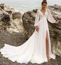 Abiti da sposa avorio Abiti da sposa bianchi Una linea scollo a V manica lunga in chiffon cerniera personalizzata allacciatura taglie forti nuova spaccatura