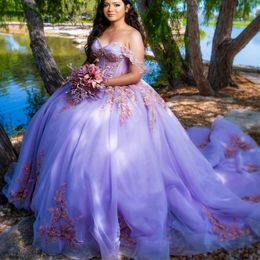 Mexican Lavender Off The Shoulder Ball Gown Quinceanera Dress 2024 Beaded Lace Appliques Lace-up Birthday Gowns Sweet 16 Dress