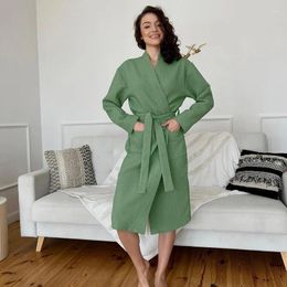 Women's Sleepwear Fashion Simple Pyjamas For Women Solid Long-Sleeve V-neck Cardigan Night-Robe With Belt Soft Loose Ladies Home Nightdress