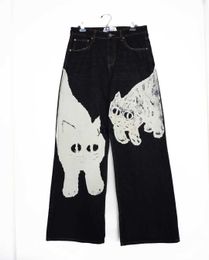 Женские джинсы Harajuku Y2K Street Apparel er Большой белый кошачий принт с высокой талией Прямые брюки Женские джинсы Модные широкие брюки Pantsyolq
