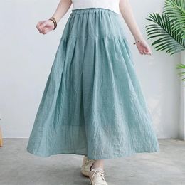 Skirts Summer Solid Double Layers Literary Cotton Linen Womens High Waist Patchwork Large Swing Long Skirt Faldas Largas Mujer