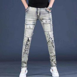 Men's Jeans Autumn and Winter High Street Trendy Brand Small Foot Motorcycle Riding Pants Combination