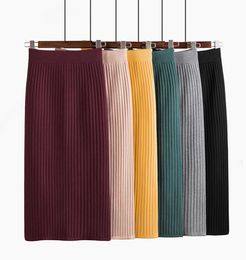 Skirts Vintage Women thick sweater skirt Elastic High Waist Pleated Midi knitted Skirt Pencil female solid elegant Spring summer 26462102