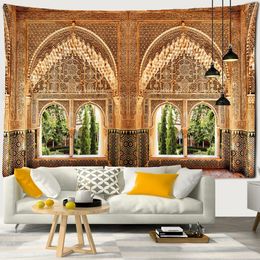 Golden Hall Moroccan landscape Art Tapestry Psychedelic Scene Decoration Hippie Bohemian Tapestry Room Bedroom Wall Blanket 240113