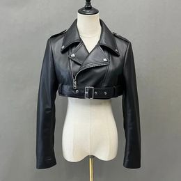 Spring Autumn Leather Jacket Lady Fashion Moto Crop Jacket Y2K Women Short Coat Genuine Sheepskin FG5539 240112
