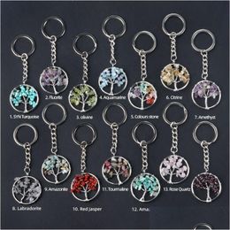 Healing Chakra Chip Broken Gemstone Tree Of Life Pendant Key Ring For Women Men Natural Quartz Crystal Rock Charm Keychains Drop Deli Dh3Ny