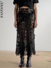 Fantoye Sexy See Through Lace Women Skirt Black High Waist Floral Y2k Femme Summer Casual Vacation Outside Streetwear 240112