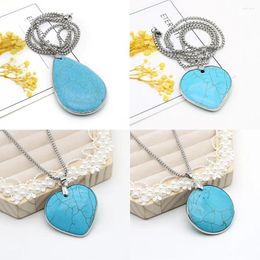Pendant Necklaces Natural Stone Blue Turquoise Geometric Necklace Love Heart Shape Metal Chain Jewelry For Women Party Gift 60cm