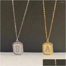 Pendant Necklaces Vintage Cz Pave Letter Carved Square Tag Charm Necklace Trendy Gold Colour Alphabet Copper Steel Chain Choker Diy Dr Dhm0C
