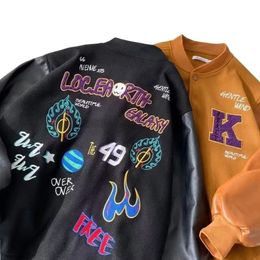 Autumn American Hip-hop Leather Jackets for Men and Women with Graffiti Patterns for Couples Trendy Loose Street Baseball Coats 240113