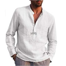 Men's Casual Shirts Cotton Linen Hot Sale Men's Long-Sleeved Shirts Summer Solid Color Stand-Up Collar Casual Beach Style Plus Sizeyolq