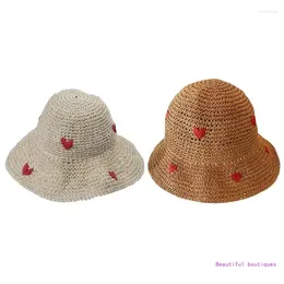 Berets Women's Heart Pattern Wide Brim Crochet Bucket Hat Summer Spring Foldable Fisherman Cap Vacation Gifts For Girlfriend DropShip