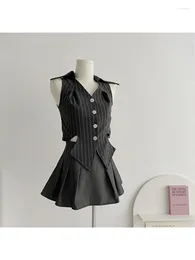 Work Dresses Women Black Striped Skirt Sets Suit Vintage Sleeveless Shirt And A-Line Mini Skirts Y2k 90s Elegant Two Piece 2000s Clothes