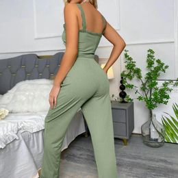 Women's Two Piece Pants Solid Color Pajama Suit Summer Pajamas Set With Low-cut V Neck Tank Top High Elastic Waist Trousers Homewear