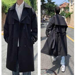 Estilo coreano primavera trench coat masculino streetwear blusão trenchcoat masculino sólido negócios casual solto longo casaco 240112