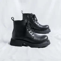 Boots Fashion Thick Bottom High Top Shoes Classic Men Ankle Lace-up Male Casual Sewing Black Solid Colour Motocross