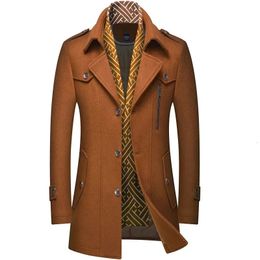 Thickened mens wool tweed trench coat scarf collar mediumlength clothing 240113