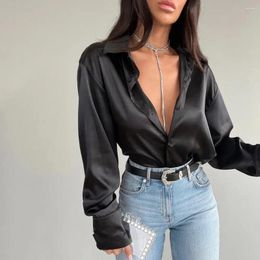 Women's Blouses Polyester Women Shirt Solid Colour Elegant Silky Satin Long Sleeve Cardigan For Smooth Single-breasted Blouse