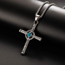 ces Vintage Cross Pendant Necklace 14K White Gold Punk Turquoise Stone Necklace Jewelry for Men Women