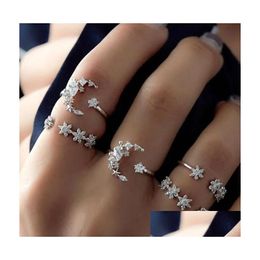 Band Rings Boho Star Open Rings Set Sier Moon Joint Knuckle Ring Crystal Finger Jewelry For Women And Drop Delivery Jewelry Ring Dh5Id