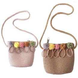 Evening Bags 2x Girls Shoulder Bag Straw Rattan Weave Crossbody For Baby (Pink&Khaki)