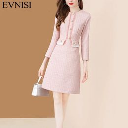 EVNISI Pink Spring Women Dress Knitted Elegant Bodycon Dresses Wrist Sleeve Tweed Patchwork For Women Office Vestidos 240112