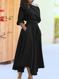 Casual Dresses Office Women Dress Inclined Shoulder Lace Up Solid Colour Tie Waist Belt Ruffled Strapless Elegant Female Maxi