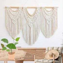 Macrame Handwoven Bohemian Cotton Rope Boho Tapestry Home Decor Creamy-White Wall Hanging Decoration Art Tapestry 240113
