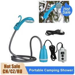 Portable Camping Shower Outdoor Pump Rechargeable Head and Folding Bucket for Hiking Traveling 240124