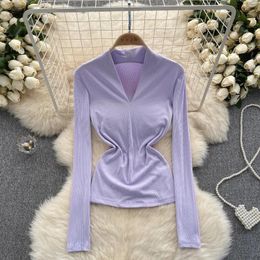 Women's T Shirts INS Long Sleeve T-shirt Light Purple Slim Fit Show Thin Temperament Top Girls Casual Simple Solid Color Underlay