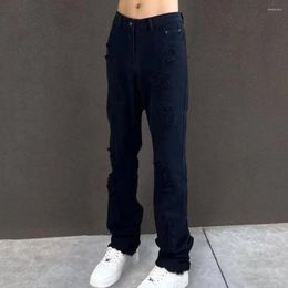 Men's Jeans Men Ripped Straight Leg Mid Waist Button Zipper Closure Pockets Hip Hop Streetwear Casual Long Fared Pants