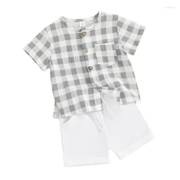 Clothing Sets Toddler Boy 2 Piece Summer Set Round Neck Short Sleeve Plaid Print Tops Elastic Waist Solid Colour Shorts Infant Baby