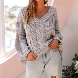 Women's Sweaters 2024 Twist Sweater Winter And Autumn Pullovers Long Sleeve V-Neck Solid Yellow Gray Women Casual Knitted Jumpers Female