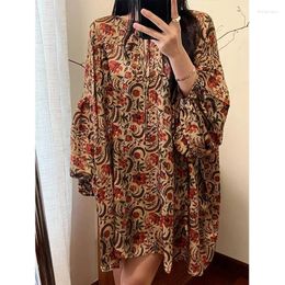 Women's T Shirts Early Autumn Dark Retro Cupro Silk Floral Vine Print Round Neck Tie Long Sleeve Loose Babydoll Top