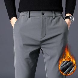 Autumn Winter Pants Men Thicken Fleece Lined Warm Elastic Waist Outdoor Sweatpants Fashion Slim Grey Suit Trousers Male 240112