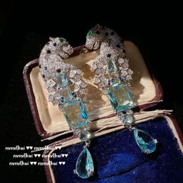 Luxury Temperament Women's 925 Silver Drop Earrings Paved Sea Blue CZ Leopard Dangle Earrings Delicate Wedding Animal Jewellery 240113