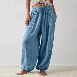 Women's Pants Elastic Waistband Comfortable Wide Leg With Waist Deep Crotch Ankle-banded Pockets For Casual Wear