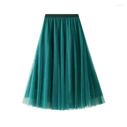 Skirts Green Pearl Beading Tulle Skirt Women 2024 Fashion Midi Long Mesh Female High Waist Tutu Jupe Longue