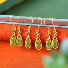 Dangle Earrings Natural Chalcedony Green Earings Ancient Gold Craft Enamel Fukudou For Women Female Retro Ethnic Style Jewellery