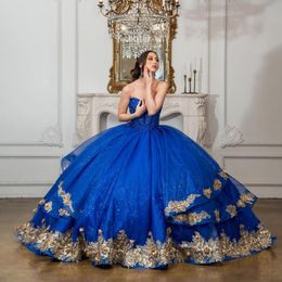 Luxury Royal Blue Quinceanera Dress Ball Gowns Golden Appliques Lace Off Shoulder Birthday Party Prom Dresses Vestido De 15
