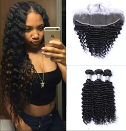 Brazilian Deep Wave Human Virgin Hair 3 Bundles with 13x4 Transparent Lace Frontal Ear to Ear Full Head Natural Colour