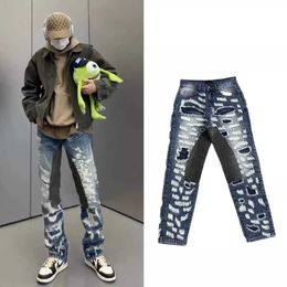 Men's Jeans Trendy Brand for New Dark Blue Splashed Ink Personalized Distressed and Stylish Printed Long Pants