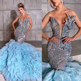 Gorgeous Beading Mermaid Prom Dress Strapless V Neck Evening Gowns Luxury Pearls Sequined Lace Tiered Ruffle Train Party Dresses