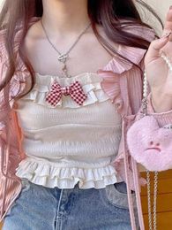 Women's Tanks 2024 Kawaii Candy Colour Crop Top Women Japanese Lolita Sweet Tank Ruffle Short Tee Shirt All Match Cute Tops Summer