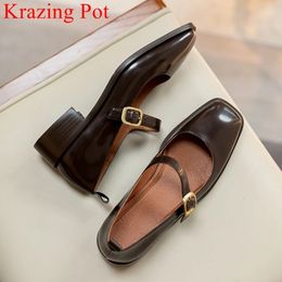 Krazing Pot Genuine Leather Square Toe Med Heel Spring Shoes Mature Sweet Dating Buckle Strap Mary Janes Women Pumps L3f4 240112